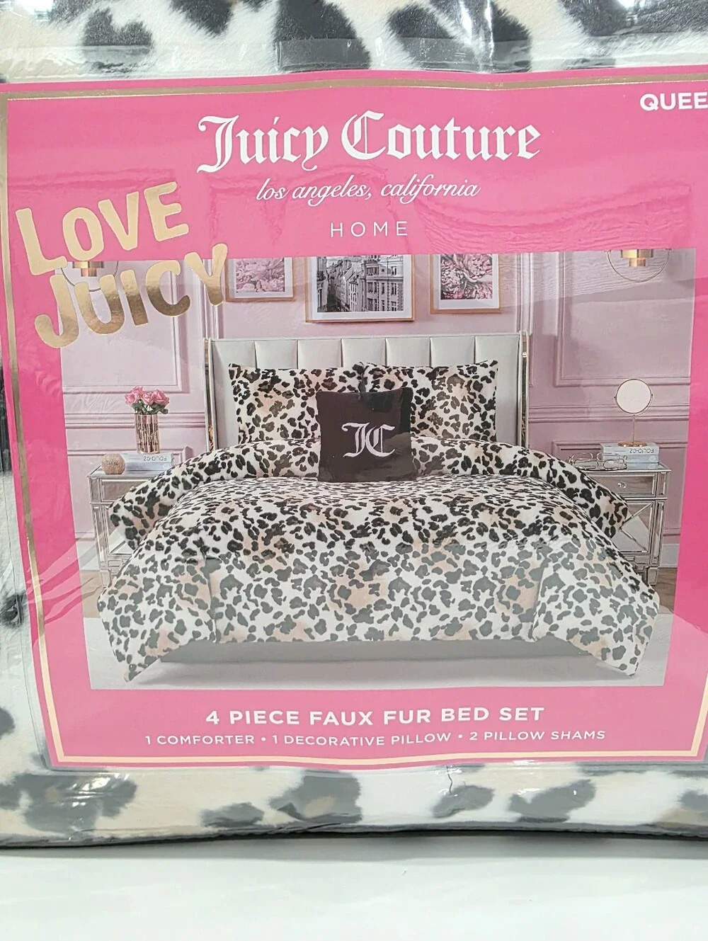 Juicy Couture QUEEN 4 Piece Leopard Faux Fur Comforter Set New Viral